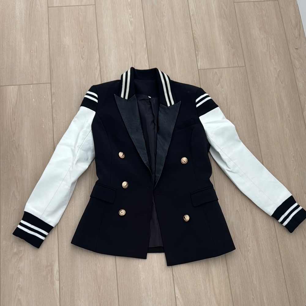 Black & White Blazer Jacket – Gold Button Detail, Varsity Style